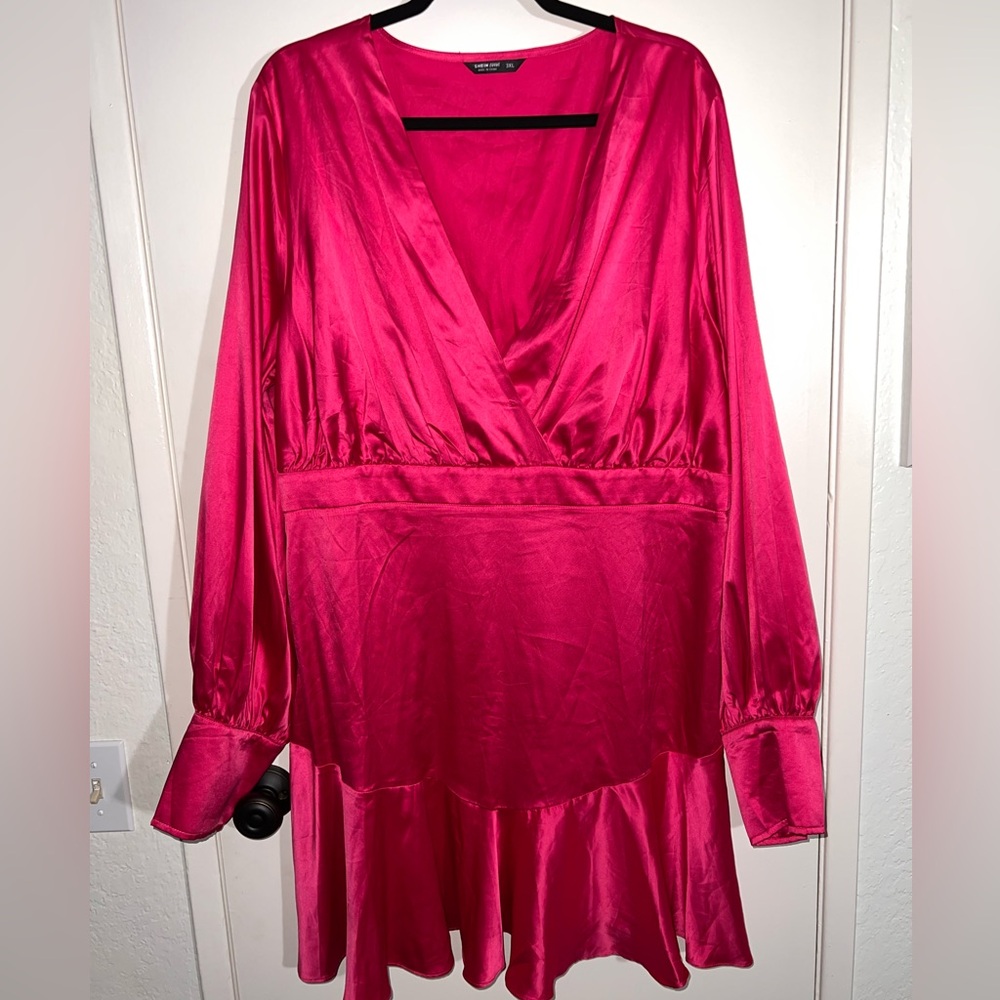 SHEIN Hot Pink Satin Long Sleeve Dress